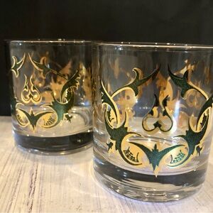 Set of 2. Green & Gold MCM Rocks Whiskey Low Ball Glasses  22k gold. N I C E 🌿